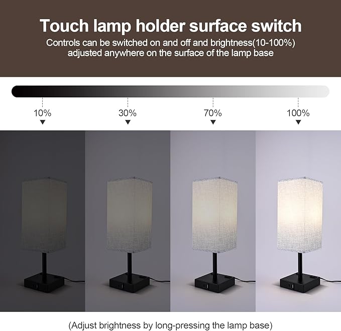 Touch Table Lamp for Bedroom, Stepless Dimmable Bedside Lamp with USB C+A Ports & 3 Color Temperatures, Nightstand Light for Living Room Office, LED Bulb Included (Gray)