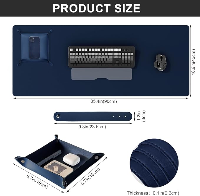 DAWNTREES Dual Sided Desk Mat,Leather Desk Pad,35.5"x17",Cork Desk Mat Protector,with PU Leather Valet Tray Organizer,Large Mouse Pad,Desk Writing Pad for Office and Home(Dark Blue)