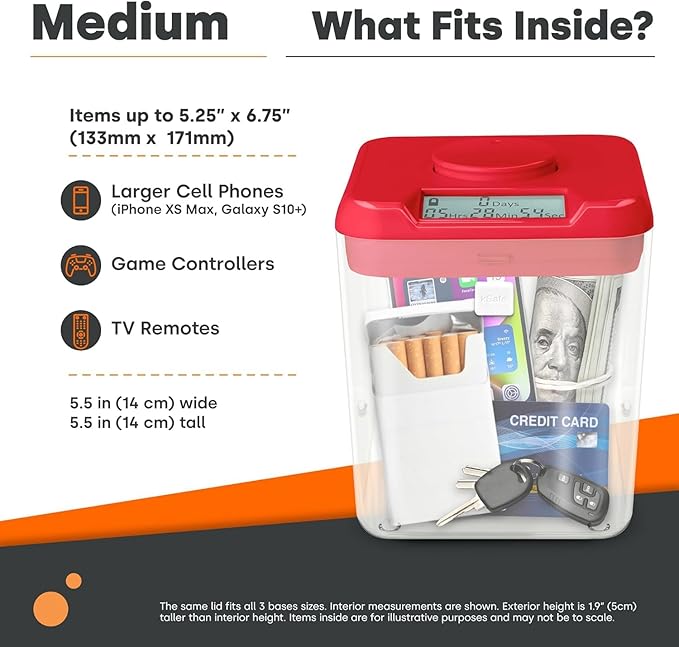 Kitchen Safe Time Locking Container (Medium), Timed Lock Box for Cell Phones, Snacks, and other unwanted temptations (Red Lid + 5.5” Clear Base with Access Port)