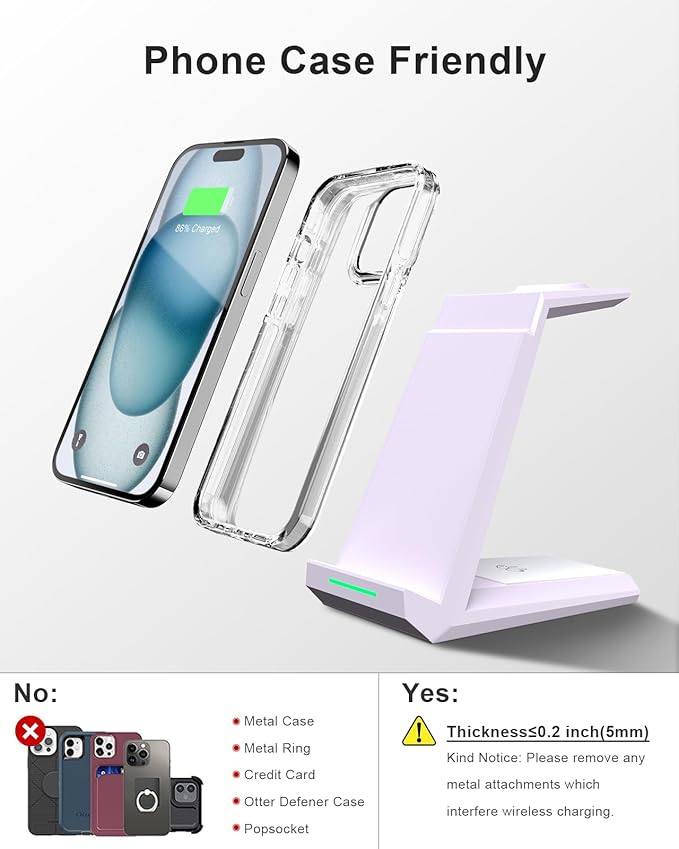 Wireless Charging Station for iPhone - ADADPU 3 in 1 Charger Stand for iPhone 17 16 15 14 13 12 11 Pro Max XR 8 Plus, Wireless Charging Dock for Apple Watch 8/7/SE/6/5/4/3/2, AirPods Pro/3/2 (Purple)