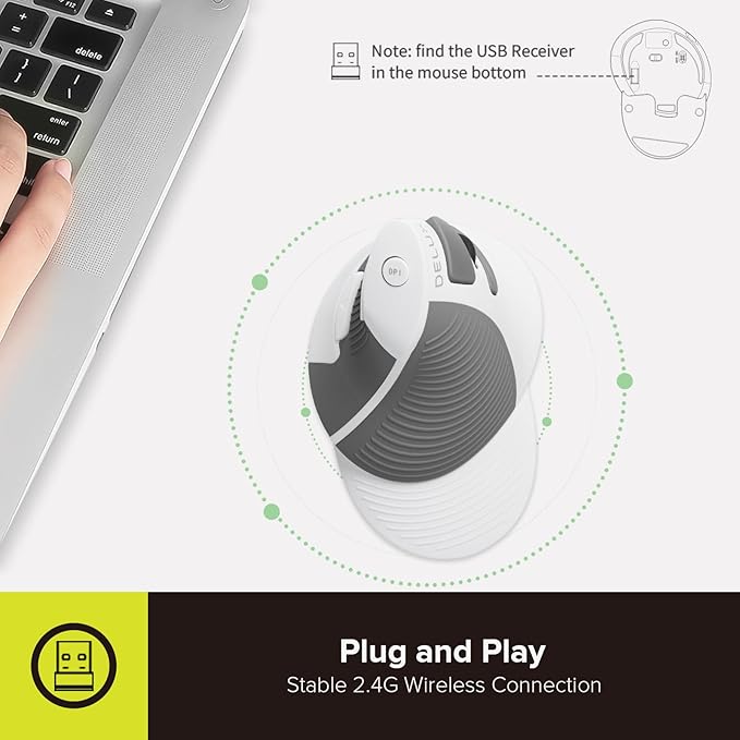 DeLUX Rechargeable Ergonomic Wireless Mouse Silent, 1600DPI, Reduce Hand and Wrist Pain, Vertical Mouse with USB Receiver and BT 5.0, 6 Buttons and Removable Palm Rest (M618G DB-White)