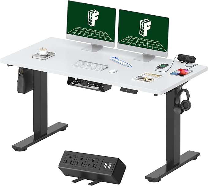 FLEXISPOT EN2 Whole-Piece Standing Desk with Clamp Power Strip, 55 x 28 Electric Stand Up Height Adjustable Desk with Cable Management (Black Frame + 55" White Top, 2 Packages)