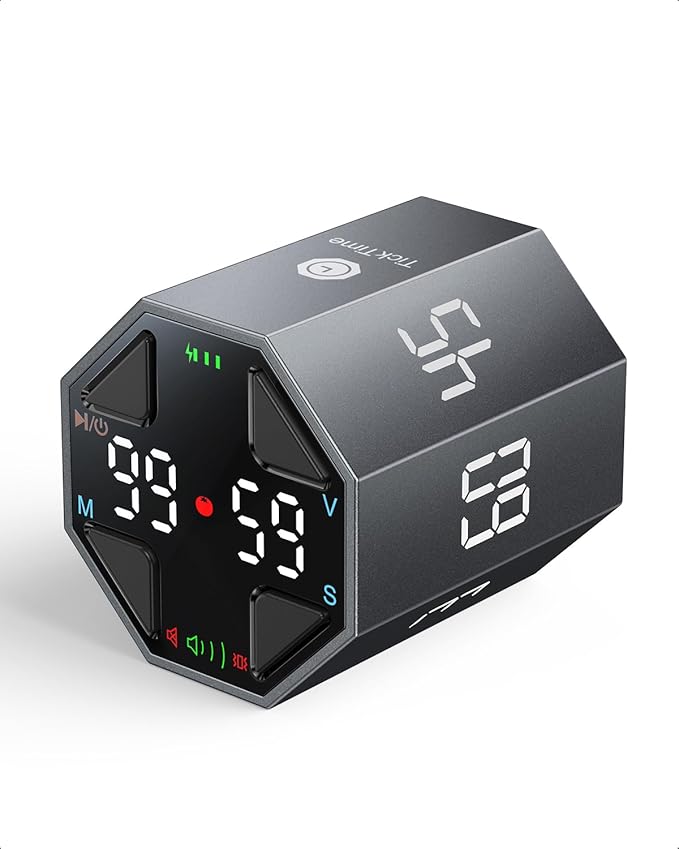 Pomodoro Timer Cube, Custom Pomodoro, Pause & Resume, Silent, Vibrate & Adjustable Sound Alert, for ADHD, Task, Work, Study, 3/5/10/15/30/45/60min & Custom Countdown,Gray