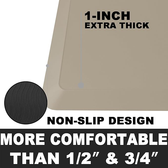 1" Extra Thick Anti Fatigue Floor Mat 60" L x 17" W,Kitchen Mat, Standing Desk Mat,140D Advanced PU Foam Ergonomic Comfort at Home, Office, Garage, Sink (Beige)