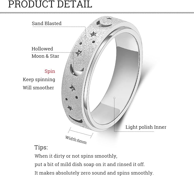 OreilleStar Anxiety Ring for Women Spinner Ring Fidget Ring Stainless Steel Fidget Toys Adults Spinner Rings Fidget Ring Men Silver Size 10