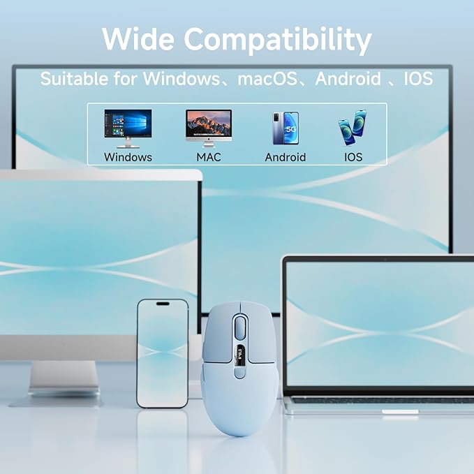 EWEADN Q1 Wireless Mouse, Bluetooth & 2.4G Silent Mouse Quiet Click with 3 DPI Levels, Battery & DPI Smart Display, 6 Button Small Portable Cordless Mice for Laptop/PC/Mac-Blue