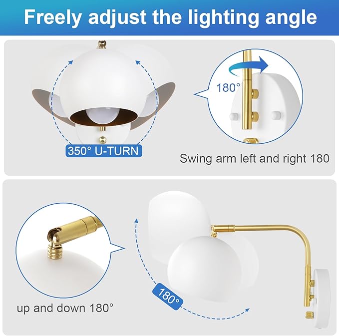 Wall Sconces Plug in, Dimmable Wall Sconce Swing Arm Wall Lights with Plug in Cord and Dimmer On/Off Knob Switch, White Globe Wall Light for Bedside Bedroom Hallway(2 Bulbs Included)