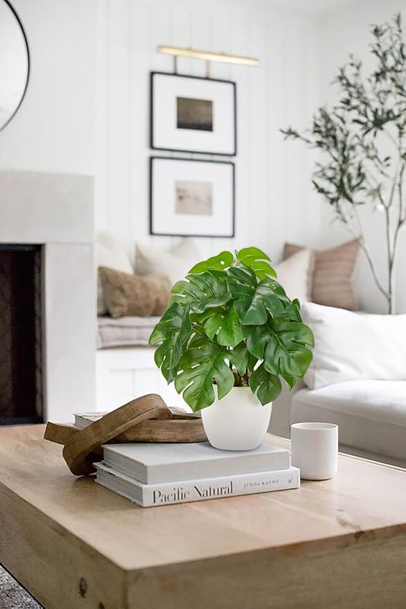 Fake Plants Small Artificial Plants Indoor Set of 2 Faux Plants with Pots Realistic Monstera Fake Potted Plants Artificial Decor for Home Bedroom Aesthetic Bathroom Shelf Living Room Office Table