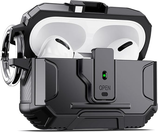 DASFOND Armor Earphone Cover Case for Airpods Pro 2, Military Grade Full Body Shockproof Protection Hard Case, Support Wireless Charging with Keychain, Magnetic Lid, Front LED Visible, Black