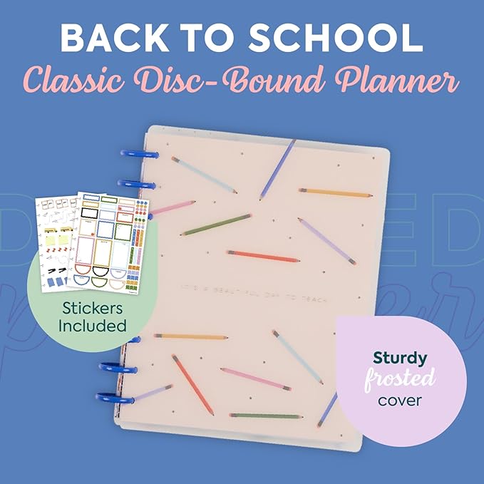Happy Planner Disc-Bound 12-Month July 2025–June 2026 Planner with 3 Extra Months, Classic Size, Teacher Layout, Teacher Notes, 7" x 9.25”