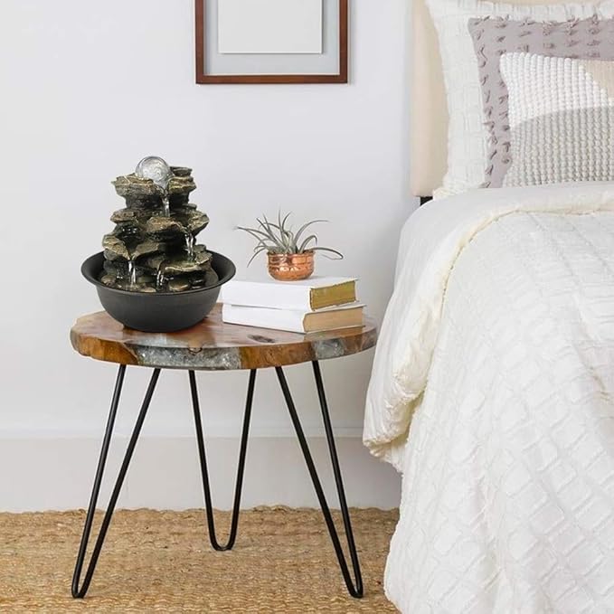 8.3" High 4-Tier Cascading Rock Falls Tabletop Water Fountain with LED Light & Spinning Ball - Indoor Small Waterfall Feature for Office, Home and Bedroom Desktop Decor Dark Grey