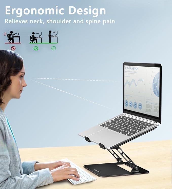 Adjustable Laptop Stand for Desk, Portable Laptop Stand Holder and Riser, Foldable Aluminum Notebook Computer Stand for MacBook Air Pro HP Lenovo Dell Samsung Chromebook, 10-15.6 inch, Black