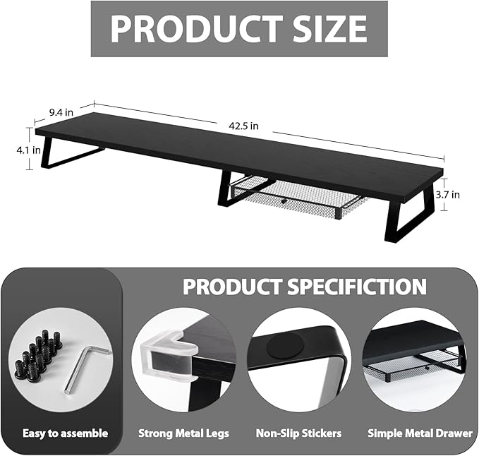 Aothia Large Dual Monitor Stand Riser - Monitor Stand For 2 Monitors, Monitor Stand With Drawer,Desk Shelf For Monitor, Wood Monitor Riser Stand with Storage Organize For Pc,Tv,Laptop,Screen (Black)