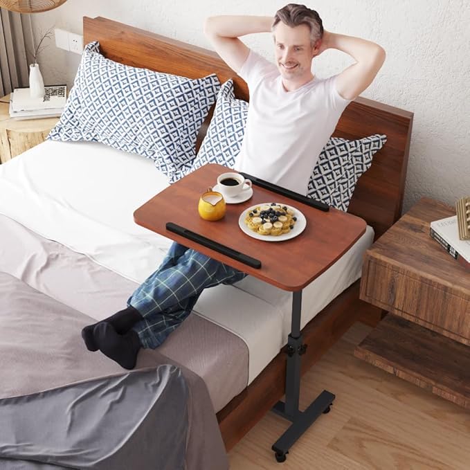 Laptop Table Mobile Adjustable Height Portable Desk Notebook Swivel PC Computer Rolling Desk with Wheels, Laptop Stand for Couch Bedside Hospital Bed Table (Dark Walnut)