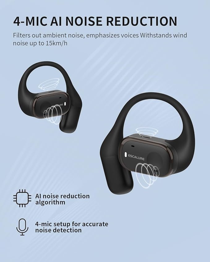 Open Ear Earbuds with 4-Mic, IPX5 Sweat Resistant Open Ear Earbuds Wireless Bluetooth 5.3, 30H Playtime Wireless Headphones with Earhooks, Lightweight for Running, Black