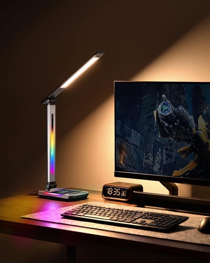 WILIT Gaming Desk Lamp,Music Sync Color Changing Rhythm Light with Wireless Charger and USB Charging Port, LED RGB Ambient Light, Aluminum Alloy Body Touch Table Lamp for PC, Room Decoration(Black)