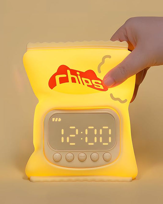 Chips Alarm Clock with Night Light for Kids, Cute Toddler Alarm Clocks for Bedrooms Ok to Wake Clocks for Girls and Boys, Rechargeable Silicone Animal Tabletop Lamp for Kid
