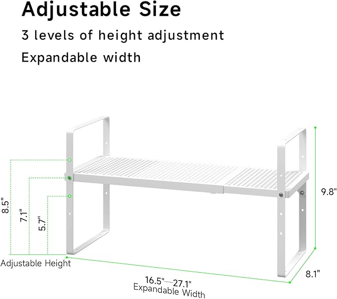 Expandable Cabinet Storage Shelf Stackable Organizer Rack for Kitchen Bathroom Pantry Spice Cupboard Coffee Countertop Home Office Desk Heavy Duty Nonslip White Small 2 Packs