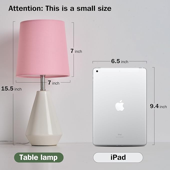 Small Bedside Table Lamp for Bedroom - Reading Desk Lamp with 3 Color Temperatures，15.5" Nightstand Ceramic Lamp with Fabric Shade for Kids Room,Living Room,Dorm,Home Office (White+Pink)