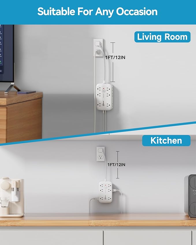 Flat Outlet Extender with 12 Inch Cord, Surge Protector Flat Plug Extension Outlet Splitter Adapter, 12 AC 6 USB(3 USB C) with Electrical 3 Way Multi Wall Plug Extender for Travel Dorm Room Essentials