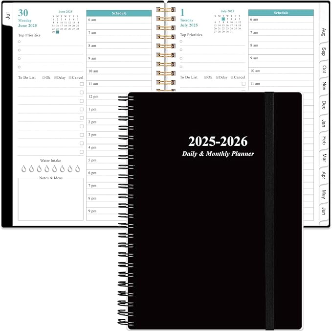 2025-2026 Daily & Monthly Planner - One Page Per Day, Daily Planner from July 2025 to June 2026, Planner 2025-2026 with 12 Monthly Tabs, 6.4" x 8.5", Black