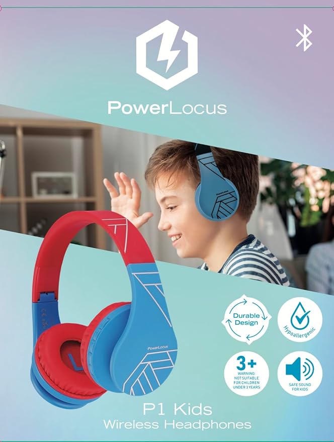 PowerLocus Bluetooth Headphones for Kids, Wireless Foldable Headphones Over Ear, Headphone with Microphone, 85DB Volume Limit, Wireless and Wired Headset with Micro SD, FM for Cellphones, Tablets, PC