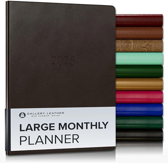Gallery Leather Large Monthly Planner 2025-2026, Elegantly Bound Calendar Planner and Notebook with Stylish Gold-Gilded Page Edges, 18 Months - Monhegan Cocoa - 9.75x7.5"