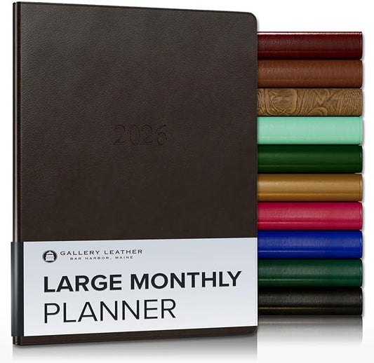 Gallery Leather Large Monthly Planner 2025-2026, Elegantly Bound Calendar Planner and Notebook with Stylish Gold-Gilded Page Edges, 18 Months - Monhegan Cocoa - 9.75x7.5"