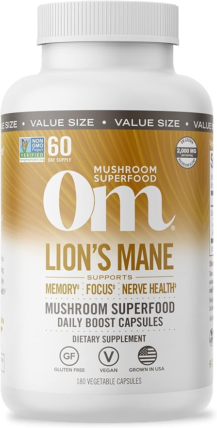 OM MUSHROOM SUPERFOOD Lion's Mane Mushroom Capsules Superfood Supplement, 180 Count, 60 Days, Fruit Body and Mycelium Nootropic for Memory Support, Focus, Clarity, Nerve Health, Creativity and Mood