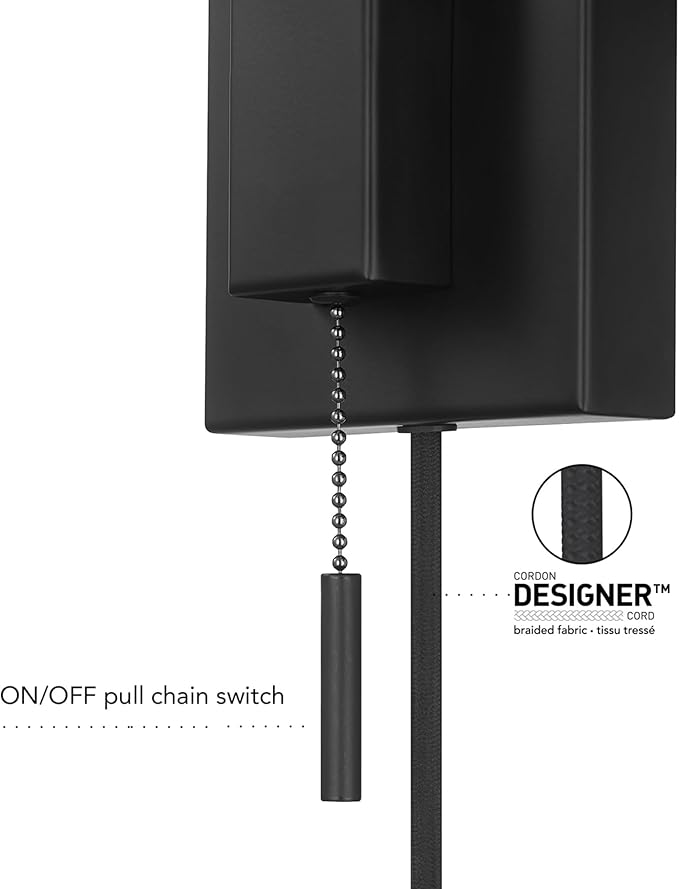 GLOBE Electric 65000043 1-Light Plug-in or Hardwire Wall Sconce, Matte Black, White Fabric Shade, Swing Arm, 6ft Black Braided Fabric Cord, On/Off Pull Chain, Wall Lights for Living Room, Home Décor