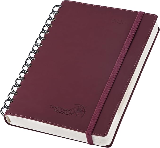 POPRUN 2026 Daily Planner One Page per Day (Medium 6'' x 8.5'') - 12 Months Calendar Appointment Book with Hourly Slots, Inner Pocket, Monthly Tabs, Pen Holder - Claret