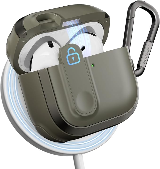MAGEASY Design for AirPods 4 Case Cover - Rugged AirPods 4 Case with Lock | Work with Cable & Wireless Charging (Only ANC Charge Wirelessly) | Include Carabiner - Odyssey, Metal Green