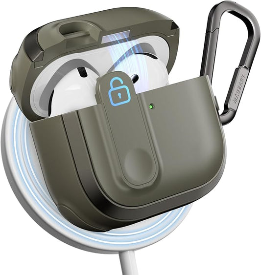 MAGEASY Design for AirPods 4 Case Cover - Rugged AirPods 4 Case with Lock | Work with Cable & Wireless Charging (Only ANC Charge Wirelessly) | Include Carabiner - Odyssey, Metal Green