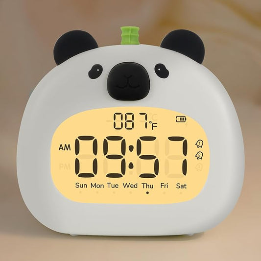 Panda Alarm Clock with Night Light for Kids – Cute Digital Sleep Trainer with LED Display, 3 Alarms, Countdown Timer, Adjustable Brightness – Rechargeable Bedside Clock for Boys and Girls