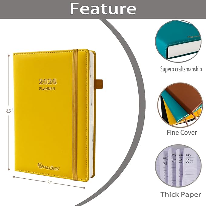 Daily Planner 2026 / Appointment Book, One Page Per Day, Jan - Dec 2026, Annual Daily Monthly Calendar Planner with Hourly Schedule and Monthly Tabs, 5.7" x 8.3" Agenda (Yellow)