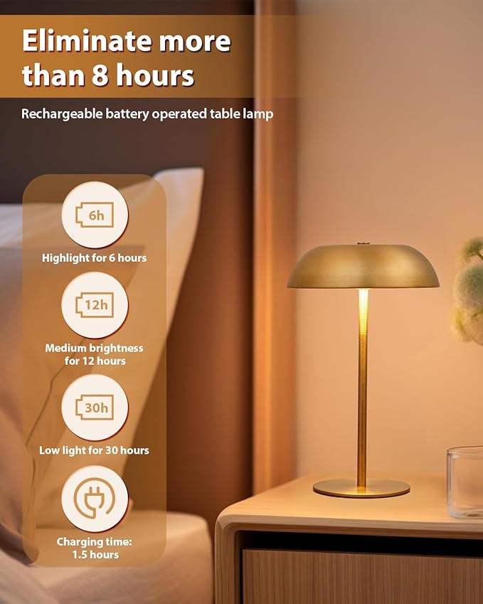 Gold Cordless Table Lamp – Rechargeable Touch Lamp with 3-Color Dimming & Adjustable Height，Battery Powered lamp for Bedside, Bar, Desk, Outdoor Patio,Restaurant，Modern Luxury Decor