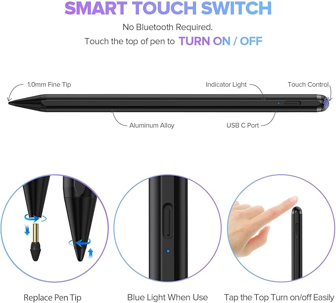 Stylus Pen 2X Fast Charge Active Pencil Compatible with 2018-2025 Apple iPad Pro 11"/12.9"/M4, iPad Air 3/4/5/M2/M3, iPad 6-11, iPad mini 5/6 Gen-Black