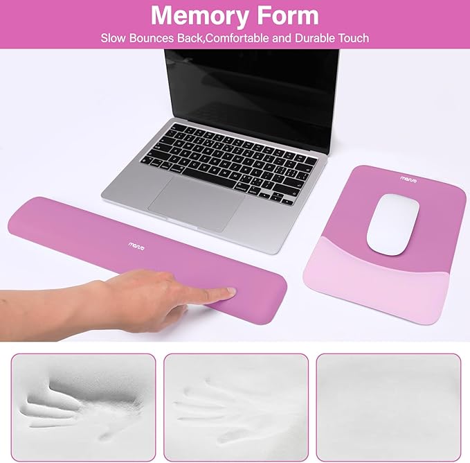 MOSISO Wrist Rest Support for Mouse Pad&Keyboard Set, Rectangular Ergonomic Mousepad Non-Slip Base Home/Office Pain Relief&Easy Typing Pad with Neoprene Cloth&Raised Curved Memory Foam, Rose Red