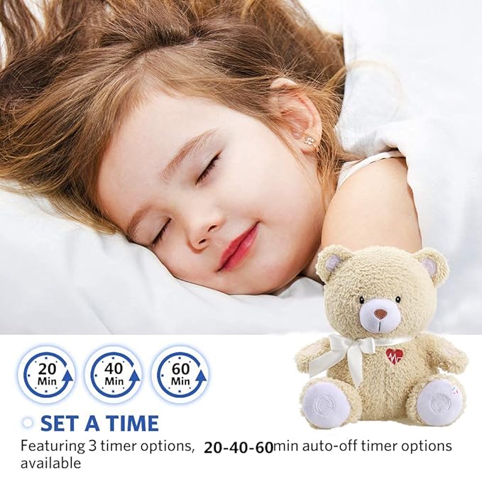 BEREST Sleeping Bear Baby Sleep Soother- Mom's Heartbeat White Noise Machine Infant Stuffed Animal Bear Toy Sleeping Aid, Nursery Decor with Baby Cry Sensor, Night Light, 9 Soothing Sounds Therapy
