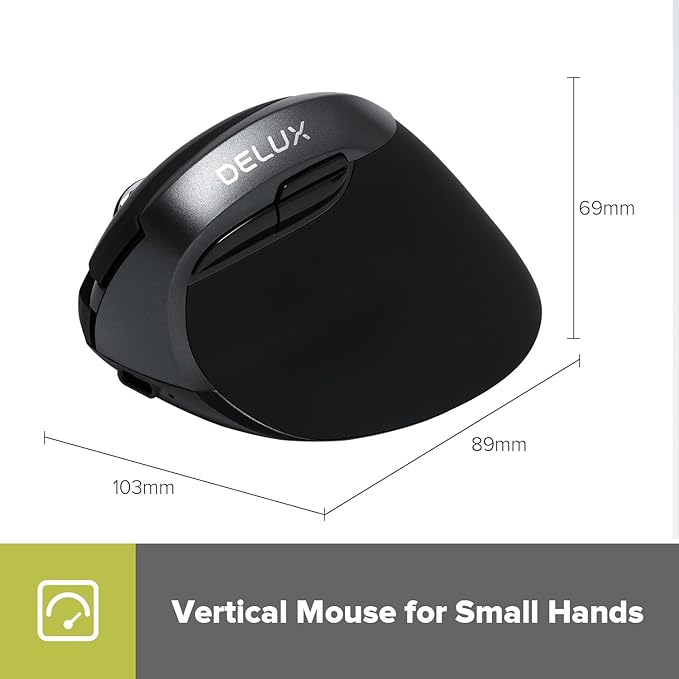 DeLUX Wireless Vertical Mouse, Small Silent Ergonomic Mouse with BT 5.2 and USB Receiver, 6 Buttons and 4000 DPI, Rechargeable Mouse for Carpal Tunnel (M618mini-Iron Gray)