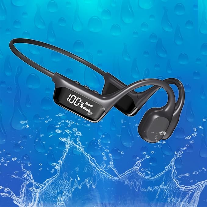 Swimming Headphones Bone Conduction Open Ear Headset MP3 Player Built-in 32G Memory IP68 Underwater Waterproof Stereo Bluetooth Earphone LED Screen for Driving Bicycling Running Skiing-S10 Black