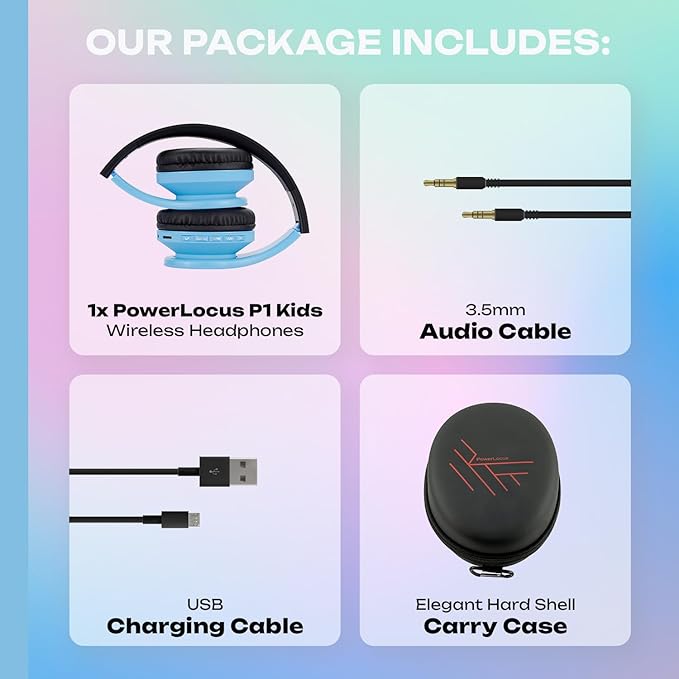 PowerLocus Bluetooth Headphones for Kids, Wireless Foldable Headphones Over Ear, Headphone with Microphone, 85DB Volume Limit, Wireless and Wired Headset with Micro SD, FM for Cellphones, Tablets, PC