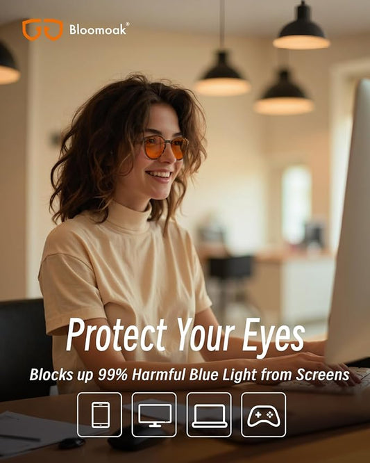 Bloomoak 99% Orange Blue Light Blocking Glasses,Retro Trendy Round Style,Relieve Eye Fatigue,Improve Sleep For Screens/Games