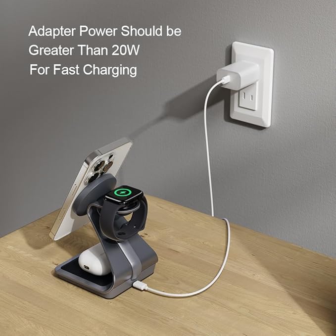 3 in 1 Charging Station for Apple Multiple Devices, Aluminum Magnetic Wireless Charger Stand for iPhone 16/15/14/13/12 Series, Wireless Chargers Dock Stand for Apple Watch/AirPods Pro