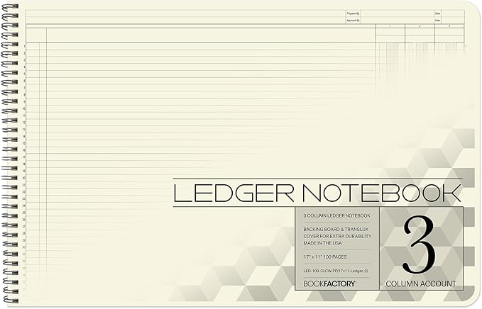 BookFactory Accounting Ledger Notebook/Large 3 Column Accounting Ledger Columnar (Three Columns) Log Book - 17'' x 11'', 100 Pages, Wire-O Landscape Format (LED-100-CLCW-PP(17x11-Ledger-3)-AX)