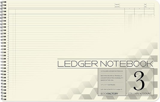 BookFactory Accounting Ledger Notebook/Large 3 Column Accounting Ledger Columnar (Three Columns) Log Book - 17'' x 11'', 100 Pages, Wire-O Landscape Format (LED-100-CLCW-PP(17x11-Ledger-3)-AX)