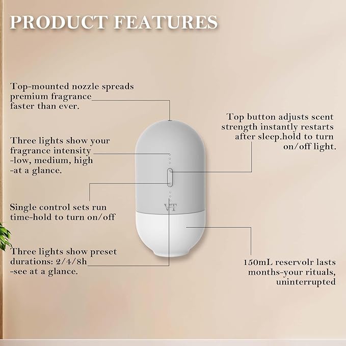 Essential Oils Diffuser Waterless Scent Diffuser, Smart APP Bluetooth Control,Wall Mounted, with Fragrance Oil, Cover Up to 500 SQ.FT for Room Home and Office, Quiet and Safe, Grey