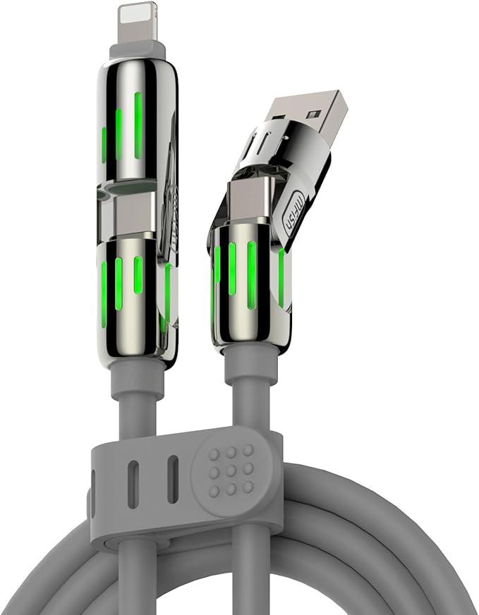 MFish 4-in-1 Universal USB Charging Cable with Carrying Case – 240W Max Fast Charger Cord, USB-A, Dual USB-C & Lighting, for iPhone 14/15/16/17 Series, iPad & MacBook and More(Grey, 6.6Ft)