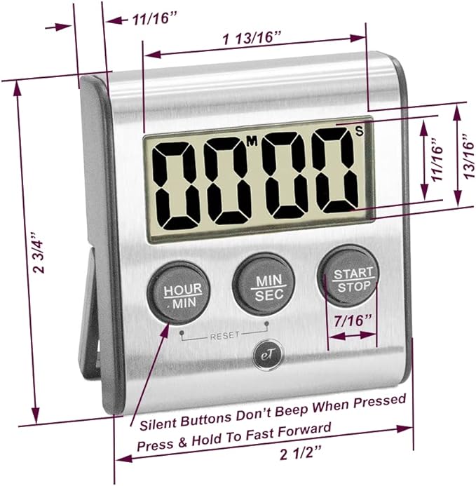 Elegant Digital Kitchen Timer, Stainless Steel Model eT-78, Displays 0-99 Min. or 0-99 Hr., Super Strong Magnet, Volume Switch for Mute/Soft/Loud Alarm, Auto Shut Off, Auto Memory by eTradewinds
