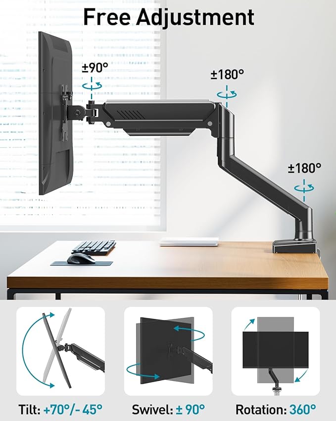 Single Monitor Arm Desk Mount Fits 13 to 32 inch Computer Screens, Holds 4.4 to 22lbs Display VESA Mount, Adjustable Monitor Stand with Clamp/Grommet Mounting Base, 75/100mm Bracket, Black, Freelift